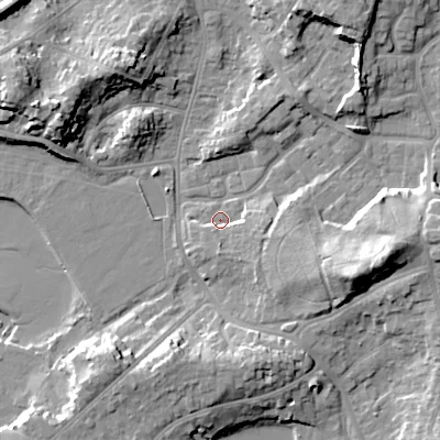 Shaded relief map of the ground around BH148FA, computed from Environment Agency LiDAR. The ground here sits at about 2 m above sea level and falls 16 m across the surrounding 800 m. Surface water reaching this point runs off ground lying to the east-south-east, 7.5 m higher.