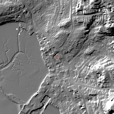 Shaded relief map of the ground around BH148HA, computed from Environment Agency LiDAR. The ground here sits at about 3 m above sea level and falls 42 m across the surrounding 800 m. Surface water reaching this point runs off ground lying to the north-north-east, 8.9 m higher.