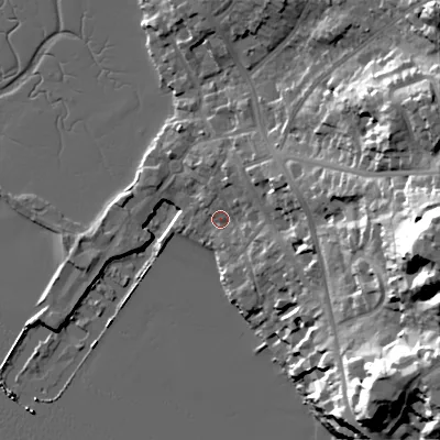 Shaded relief map of the ground around BH148JE, computed from Environment Agency LiDAR. The ground here sits at about 3 m above sea level and falls 38 m across the surrounding 800 m. Surface water reaching this point runs off ground lying to the east, 35.5 m higher.