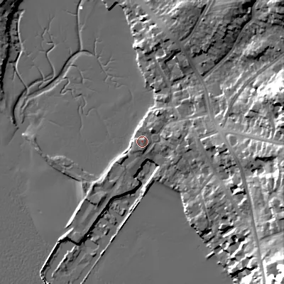 Shaded relief map of the ground around BH148JR, computed from Environment Agency LiDAR. The ground here sits at about 3 m above sea level and falls 30 m across the surrounding 800 m. Surface water reaching this point runs off ground lying to the east, 4.9 m higher.