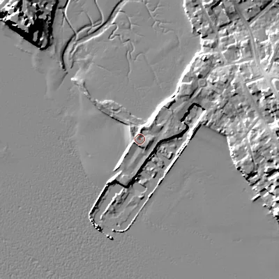 Shaded relief map of the ground around BH148LN, computed from Environment Agency LiDAR. The ground here sits at about 2 m above sea level and falls 13 m across the surrounding 800 m. Surface water reaching this point runs off ground lying to the south-south-west, 1.5 m higher.