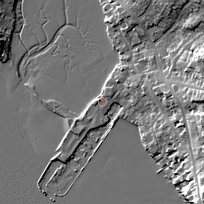 Shaded relief map of the ground around BH148LP, computed from Environment Agency LiDAR. The ground here sits at about 2 m above sea level and falls 22 m across the surrounding 800 m. Surface water reaching this point runs off ground lying to the west-south-west, 2.0 m higher.