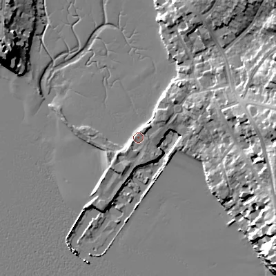 Shaded relief map of the ground around BH148LW, computed from Environment Agency LiDAR. The ground here sits at about 2 m above sea level and falls 16 m across the surrounding 800 m. Surface water reaching this point runs off ground lying to the south-west, 0.8 m higher.