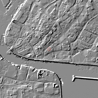 Shaded relief map of the ground around BH151AB, computed from Environment Agency LiDAR. The ground here sits at about 2 m above sea level and falls 10 m across the surrounding 800 m. Surface water reaching this point runs off ground lying to the north-north-west, 1.5 m higher.