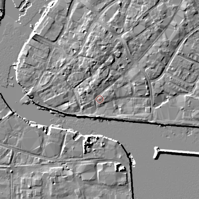 Shaded relief map of the ground around BH151AD, computed from Environment Agency LiDAR. The ground here sits at about 2 m above sea level and falls 10 m across the surrounding 800 m. Surface water reaching this point runs off ground lying to the north, 2.6 m higher.
