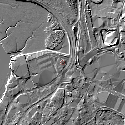 Shaded relief map of the ground around BH151AE, computed from Environment Agency LiDAR. The ground here sits at about 3 m above sea level and falls 9 m across the surrounding 800 m. Surface water reaching this point runs off ground lying to the south-south-east, 2.3 m higher.