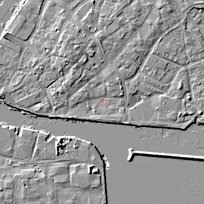 Shaded relief map of the ground around BH151BH, computed from Environment Agency LiDAR. The ground here sits at about 1 m above sea level and falls 10 m across the surrounding 800 m. Surface water reaching this point runs off ground lying to the north-east, 2.9 m higher.