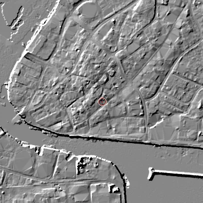 Shaded relief map of the ground around BH151BP, computed from Environment Agency LiDAR. The ground here sits at about 2 m above sea level and falls 10 m across the surrounding 800 m. Surface water reaching this point runs off ground lying to the north-north-east, 1.2 m higher.