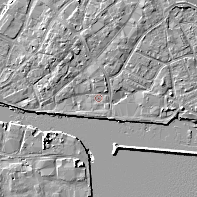 Shaded relief map of the ground around BH151BQ, computed from Environment Agency LiDAR. The ground here sits at about 1 m above sea level and falls 10 m across the surrounding 800 m. Surface water reaching this point runs off ground lying to the north-north-east, 2.9 m higher.