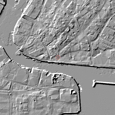 Shaded relief map of the ground around BH151BW, computed from Environment Agency LiDAR. The ground here sits at about 2 m above sea level and falls 10 m across the surrounding 800 m. Surface water reaching this point runs off ground lying to the north, 2.6 m higher.