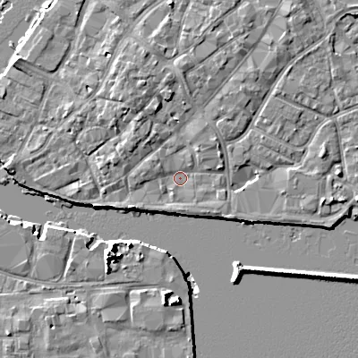 Shaded relief map of the ground around BH151EJ, computed from Environment Agency LiDAR. The ground here sits at about 1 m above sea level and falls 10 m across the surrounding 800 m. Surface water reaching this point runs off ground lying to the north-north-west, 3.4 m higher.