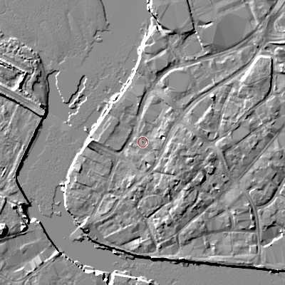 Shaded relief map of the ground around BH151EX, computed from Environment Agency LiDAR. The ground here sits at about 2 m above sea level and falls 8 m across the surrounding 800 m. Surface water reaching this point runs off ground lying to the east-south-east, 2.7 m higher.