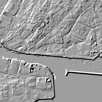 Shaded relief map of the ground around BH151GZ, computed from Environment Agency LiDAR. The ground here sits at about 2 m above sea level and falls 10 m across the surrounding 800 m. Surface water reaching this point runs off ground lying to the north-north-east, 2.9 m higher.