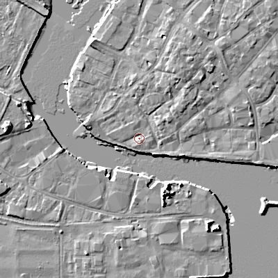 Shaded relief map of the ground around BH151HA, computed from Environment Agency LiDAR. The ground here sits at about 2 m above sea level and falls 10 m across the surrounding 800 m. Surface water reaching this point runs off ground lying to the south-south-east, 1.2 m higher.