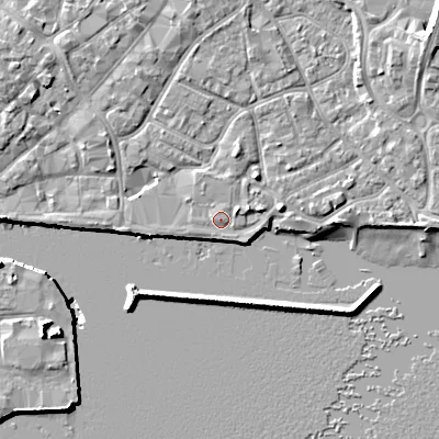 Shaded relief map of the ground around BH151HD, computed from Environment Agency LiDAR. The ground here sits at about 2 m above sea level and falls 11 m across the surrounding 800 m. Surface water reaching this point runs off ground lying to the south-west, 0.5 m higher.
