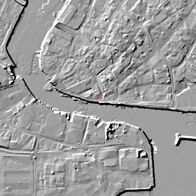 Shaded relief map of the ground around BH151HF, computed from Environment Agency LiDAR. The ground here sits at about 2 m above sea level and falls 10 m across the surrounding 800 m. Surface water reaching this point runs off ground lying to the south-south-east, 8.4 m higher.