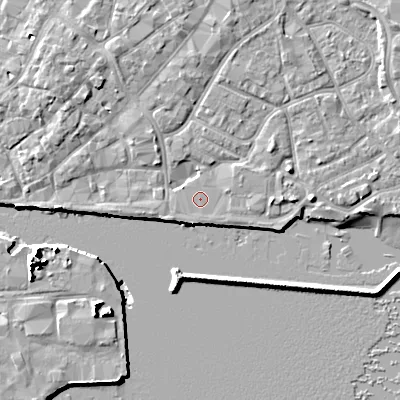 Shaded relief map of the ground around BH151HH, computed from Environment Agency LiDAR. The ground here sits at about 2 m above sea level and falls 10 m across the surrounding 800 m. Surface water reaching this point runs off ground lying to the east-north-east, 0.9 m higher.