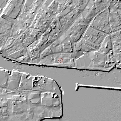 Shaded relief map of the ground around BH151HJ, computed from Environment Agency LiDAR. The ground here sits at about 2 m above sea level and falls 10 m across the surrounding 800 m. Surface water reaching this point runs off ground lying to the north-north-east, 2.9 m higher.