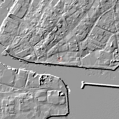 Shaded relief map of the ground around BH151HL, computed from Environment Agency LiDAR. The ground here sits at about 1 m above sea level and falls 10 m across the surrounding 800 m. Surface water reaching this point runs off ground lying to the north-east, 2.9 m higher.