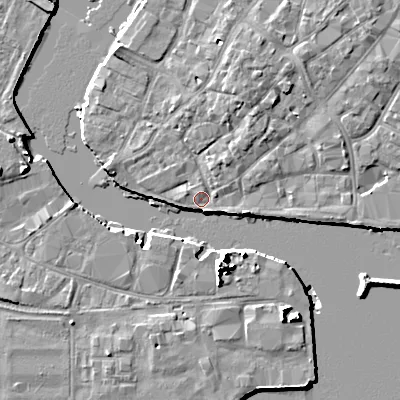 Shaded relief map of the ground around BH151HP, computed from Environment Agency LiDAR. The ground here sits at about 2 m above sea level and falls 10 m across the surrounding 800 m. Surface water reaching this point runs off ground lying to the south-south-east, 8.4 m higher.