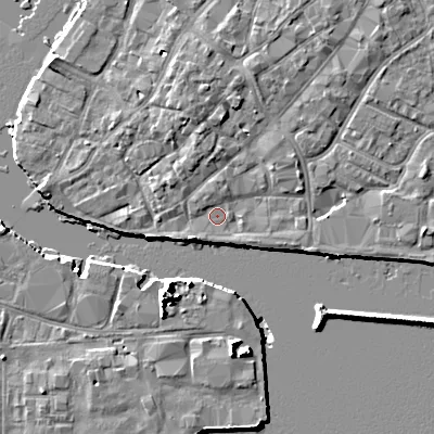 Shaded relief map of the ground around BH151HS, computed from Environment Agency LiDAR. The ground here sits at about 1 m above sea level and falls 10 m across the surrounding 800 m. Surface water reaching this point runs off ground lying to the north, 3.4 m higher.