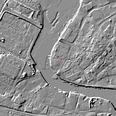 Shaded relief map of the ground around BH151HT, computed from Environment Agency LiDAR. The ground here sits at about 1 m above sea level and falls 10 m across the surrounding 800 m. Surface water reaching this point runs off ground lying to the north, 0.8 m higher.