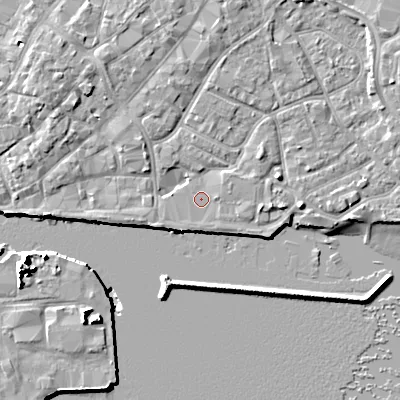Shaded relief map of the ground around BH151HU, computed from Environment Agency LiDAR. The ground here sits at about 2 m above sea level and falls 10 m across the surrounding 800 m. Surface water reaching this point runs off ground lying to the east-north-east, 0.9 m higher.