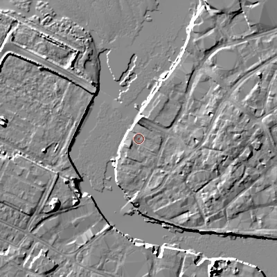 Shaded relief map of the ground around BH151HW, computed from Environment Agency LiDAR. The ground here sits at about 2 m above sea level and falls 9 m across the surrounding 800 m. Surface water reaching this point runs off ground lying to the south-west, 0.9 m higher.