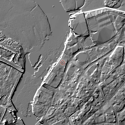 Shaded relief map of the ground around BH151HX, computed from Environment Agency LiDAR. The ground here sits at about 2 m above sea level and falls 8 m across the surrounding 800 m. Surface water reaching this point runs off ground lying to the south-east, 0.5 m higher.