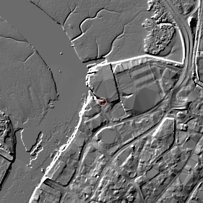 Shaded relief map of the ground around BH151HZ, computed from Environment Agency LiDAR. The ground here sits at about 3 m above sea level and falls 6 m across the surrounding 800 m. Surface water reaching this point runs off ground lying to the north-east, 1.6 m higher.