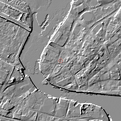 Shaded relief map of the ground around BH151JD, computed from Environment Agency LiDAR. The ground here sits at about 2 m above sea level and falls 10 m across the surrounding 800 m. Surface water reaching this point runs off ground lying to the east, 1.5 m higher.
