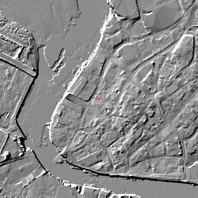 Shaded relief map of the ground around BH151JF, computed from Environment Agency LiDAR. The ground here sits at about 2 m above sea level and falls 8 m across the surrounding 800 m. Surface water reaching this point runs off ground lying to the east-south-east, 2.8 m higher.