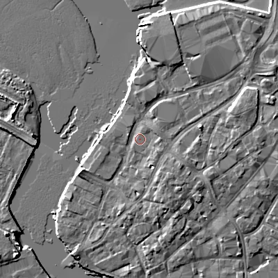Shaded relief map of the ground around BH151JG, computed from Environment Agency LiDAR. The ground here sits at about 2 m above sea level and falls 6 m across the surrounding 800 m. Surface water reaching this point runs off ground lying to the east-south-east, 2.8 m higher.
