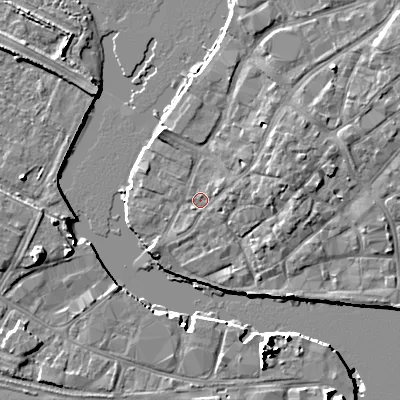 Shaded relief map of the ground around BH151JJ, computed from Environment Agency LiDAR. The ground here sits at about 2 m above sea level and falls 10 m across the surrounding 800 m. Surface water reaching this point runs off ground lying to the east-north-east, 1.5 m higher.