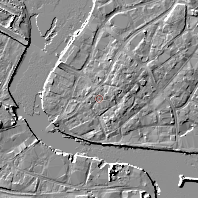 Shaded relief map of the ground around BH151JL, computed from Environment Agency LiDAR. The ground here sits at about 2 m above sea level and falls 10 m across the surrounding 800 m. Surface water reaching this point runs off ground lying to the east, 1.6 m higher.