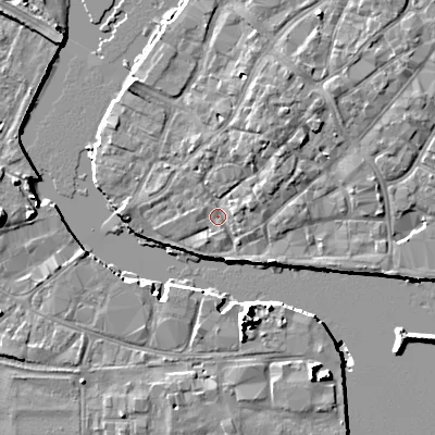 Shaded relief map of the ground around BH151JN, computed from Environment Agency LiDAR. The ground here sits at about 2 m above sea level and falls 10 m across the surrounding 800 m. Surface water reaching this point runs off ground lying to the north-north-east, 2.4 m higher.