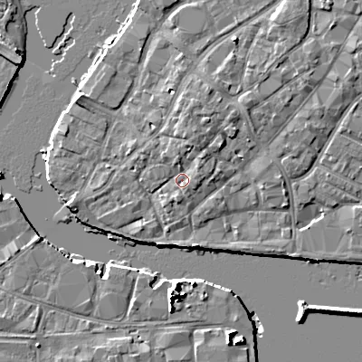 Shaded relief map of the ground around BH151JP, computed from Environment Agency LiDAR. The ground here sits at about 2 m above sea level and falls 10 m across the surrounding 800 m. Surface water reaching this point runs off ground lying to the north-north-east, 1.9 m higher.