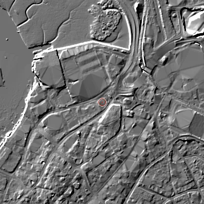 Shaded relief map of the ground around BH151JQ, computed from Environment Agency LiDAR. The ground here sits at about 2 m above sea level and falls 7 m across the surrounding 800 m. Surface water reaching this point runs off ground lying to the south-south-west, 2.6 m higher.