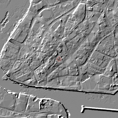 Shaded relief map of the ground around BH151JT, computed from Environment Agency LiDAR. The ground here sits at about 2 m above sea level and falls 10 m across the surrounding 800 m. Surface water reaching this point runs off ground lying to the north-north-west, 2.3 m higher.