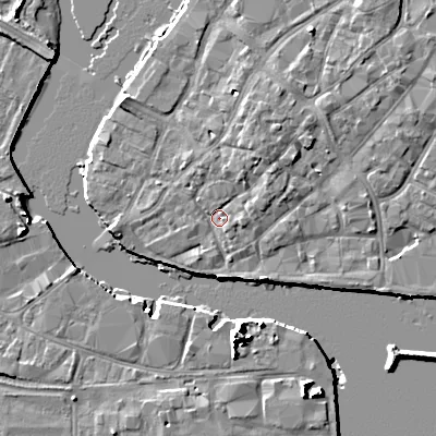 Shaded relief map of the ground around BH151JU, computed from Environment Agency LiDAR. The ground here sits at about 2 m above sea level and falls 10 m across the surrounding 800 m. Surface water reaching this point runs off ground lying to the north-north-east, 2.4 m higher.