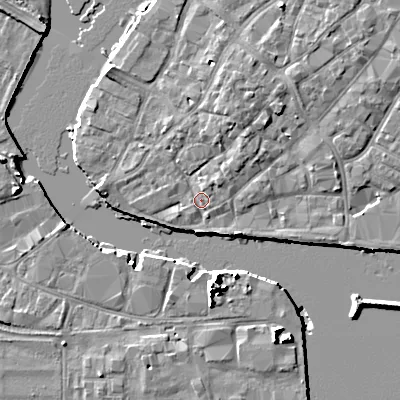Shaded relief map of the ground around BH151JY, computed from Environment Agency LiDAR. The ground here sits at about 2 m above sea level and falls 10 m across the surrounding 800 m. Surface water reaching this point runs off ground lying to the north-north-east, 2.4 m higher.