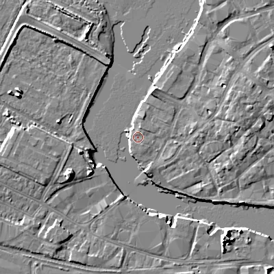 Shaded relief map of the ground around BH151LJ, computed from Environment Agency LiDAR. The ground here sits at about 1 m above sea level and falls 9 m across the surrounding 800 m. Surface water reaching this point runs off ground lying to the south-south-east, 2.2 m higher.