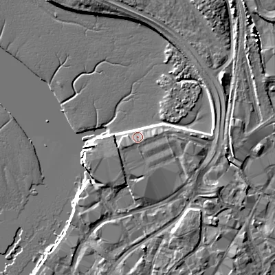 Shaded relief map of the ground around BH151LS, computed from Environment Agency LiDAR. The ground here sits at about 2 m above sea level and falls 6 m across the surrounding 800 m. Surface water reaching this point runs off ground lying to the south-west, 1.4 m higher.