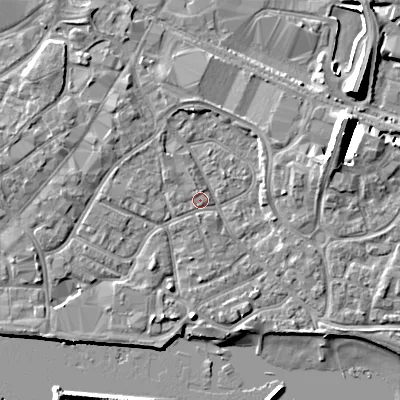 Shaded relief map of the ground around BH151PU, computed from Environment Agency LiDAR. The ground here sits at about 2 m above sea level and falls 11 m across the surrounding 800 m. Surface water reaching this point runs off ground lying to the north-west, 1.6 m higher.