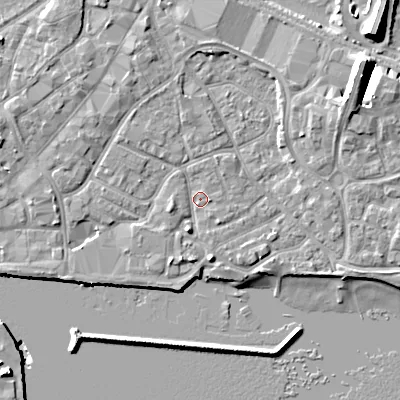 Shaded relief map of the ground around BH151QA, computed from Environment Agency LiDAR. The ground here sits at about 2 m above sea level and falls 12 m across the surrounding 800 m. Surface water reaching this point runs off ground lying to the south-south-west, 2.2 m higher.