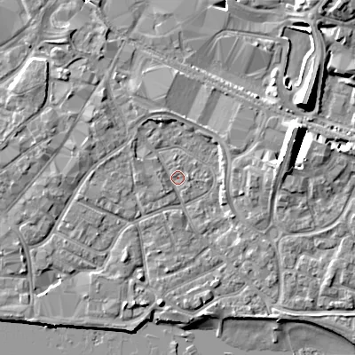 Shaded relief map of the ground around BH151QH, computed from Environment Agency LiDAR. The ground here sits at about 2 m above sea level and falls 10 m across the surrounding 800 m. Surface water reaching this point runs off ground lying to the west, 1.6 m higher.