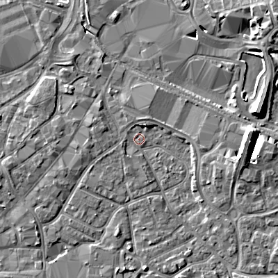 Shaded relief map of the ground around BH151QJ, computed from Environment Agency LiDAR. The ground here sits at about 2 m above sea level and falls 11 m across the surrounding 800 m. Surface water reaching this point runs off ground lying to the west-north-west, 2.0 m higher.
