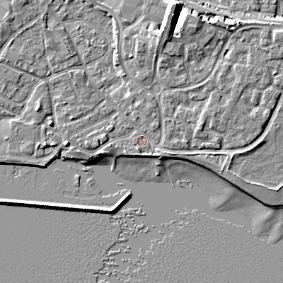 Shaded relief map of the ground around BH151QL, computed from Environment Agency LiDAR. The ground here sits at about 2 m above sea level and falls 10 m across the surrounding 800 m. Surface water reaching this point runs off ground lying to the north-north-east, 8.1 m higher.