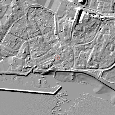Shaded relief map of the ground around BH151QN, computed from Environment Agency LiDAR. The ground here sits at about 2 m above sea level and falls 10 m across the surrounding 800 m. Surface water reaching this point runs off ground lying to the north-west, 2.7 m higher.