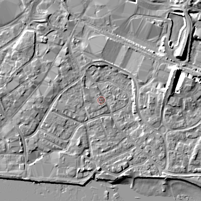 Shaded relief map of the ground around BH151QP, computed from Environment Agency LiDAR. The ground here sits at about 2 m above sea level and falls 10 m across the surrounding 800 m. Surface water reaching this point runs off ground lying to the west-north-west, 1.6 m higher.